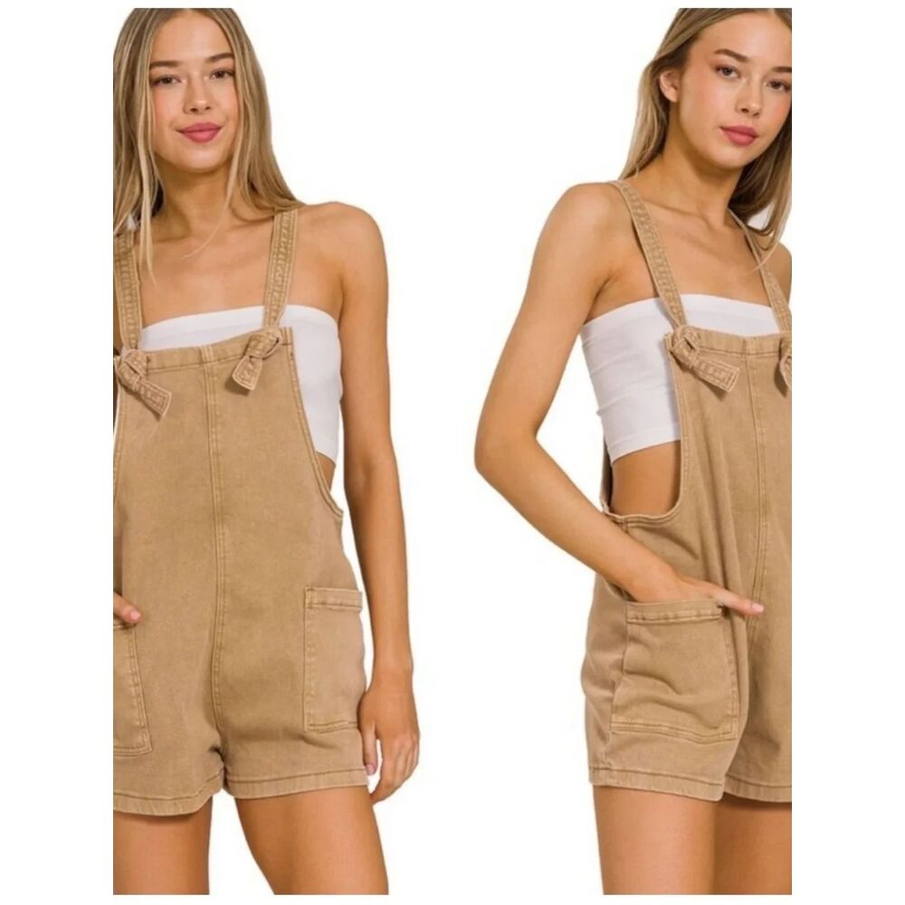 Zenana Light Camel Washed Knot Strap Stretch Denim Overall Pocket Romper (L) NWT